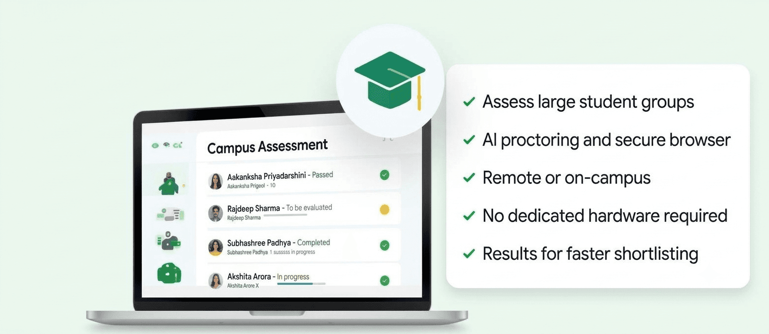 Campus assessment laptop with graduation badge and feature checklist